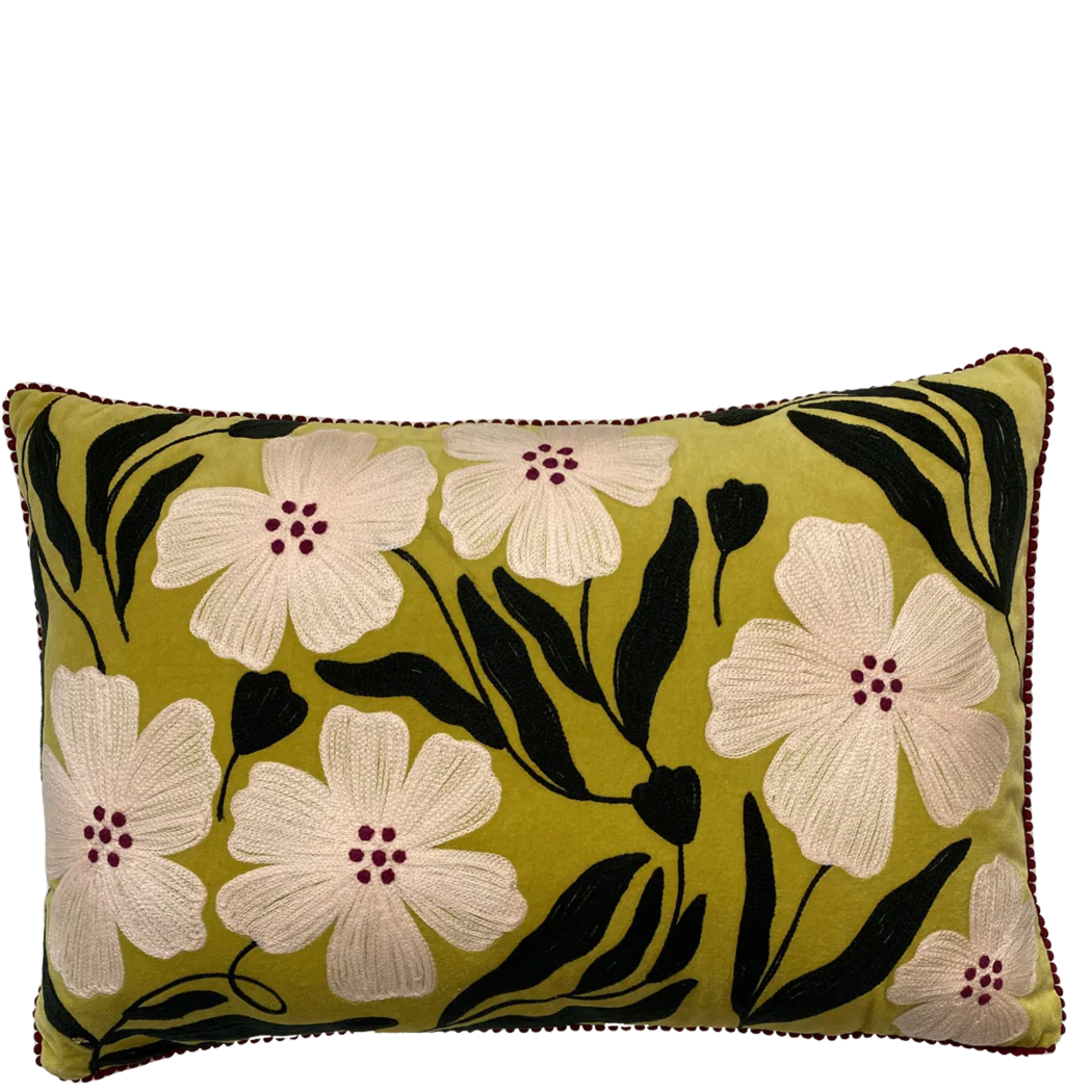 Lime Poppy Velvet Embroidered Cushion