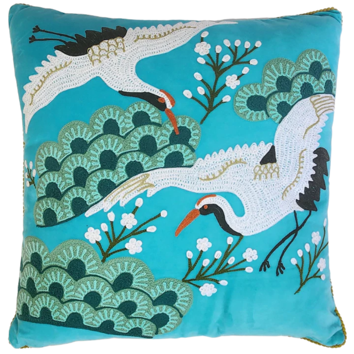 Crane Velvet Embroidered Cushion in Aqua