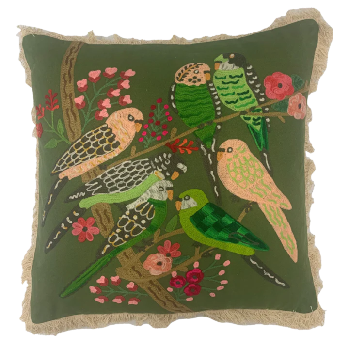 Summer Birds on Green Fringed Cushion