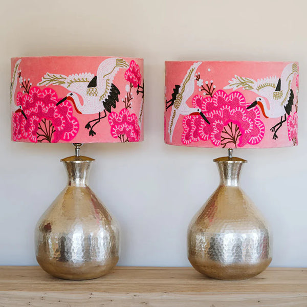 Embroidered Japanese Crane on Pink Velvet Lampshade Pink