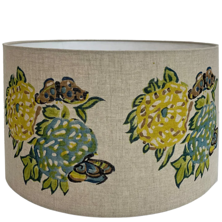 Modern floral linen lampshade in green/mustard