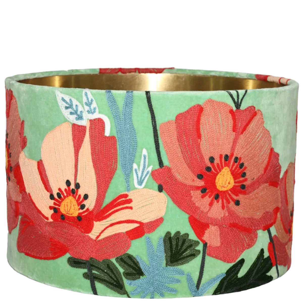 Poppies on Aqua Velvet embroidered cushion