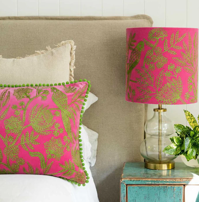 Jungle Bird Green on Pink Velvet Cushion