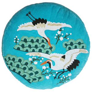 Embroidered Japanese Crane on Aqua Velvet Lampshade