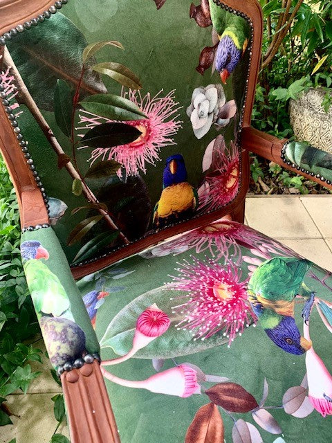 Birds and Gums Velvet and Mahogany Armchair
