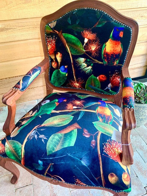Beaks and Blooms Velvet and Mahogany Armchair