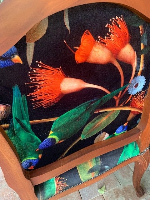 Beaks and Blooms Velvet and Mahogany Armchair