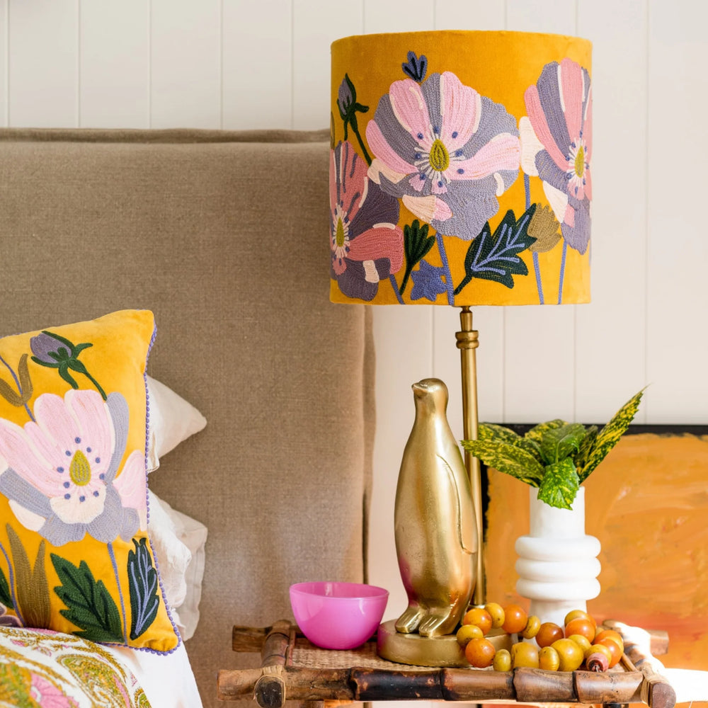 Wildflowers on Mustard Velvet Embroidered Cushion