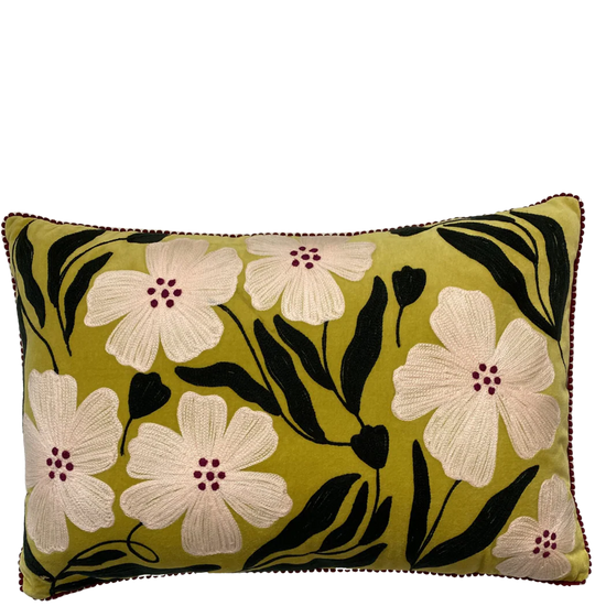 Lime Poppy Velvet Embroidered Cushion