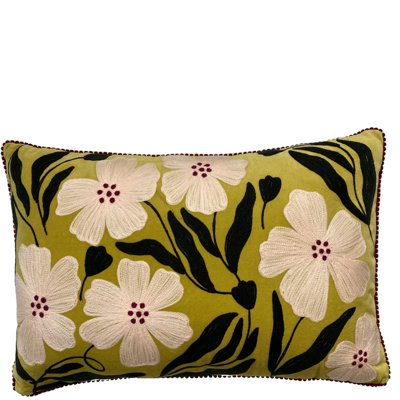 Lime Poppy Velvet Embroidered Cushion