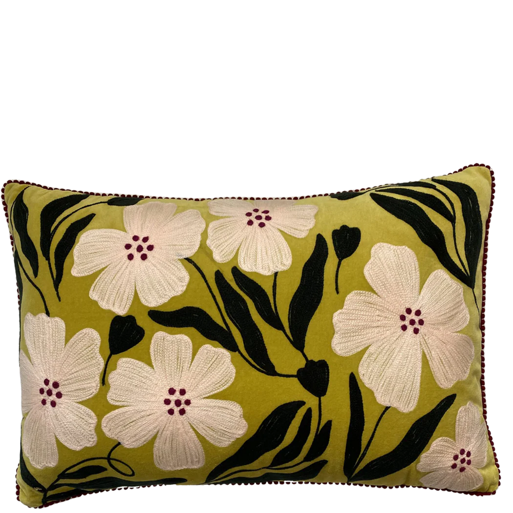Lime Poppy Velvet Embroidered Cushion