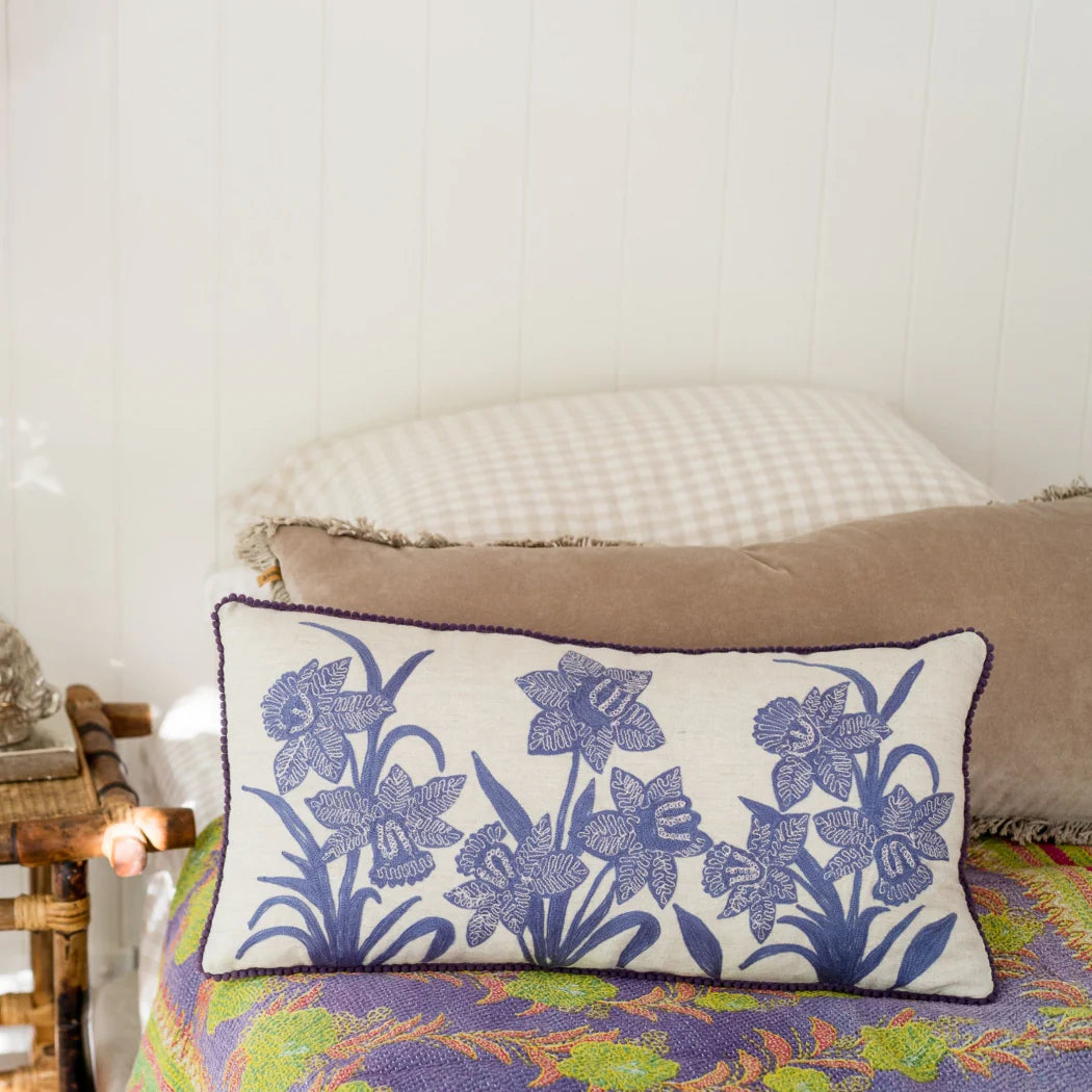 Lavendar Narcissus on Linen Embroidered Cushion