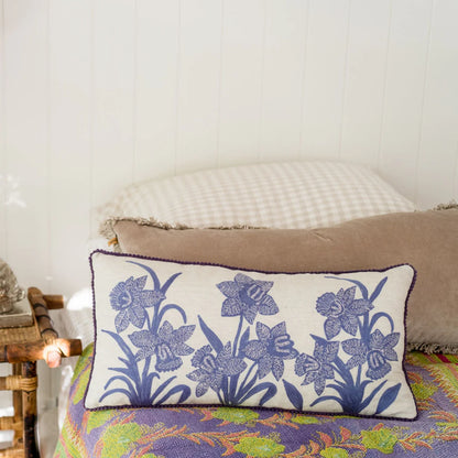 Lavendar Narcissus on Linen Embroidered Cushion