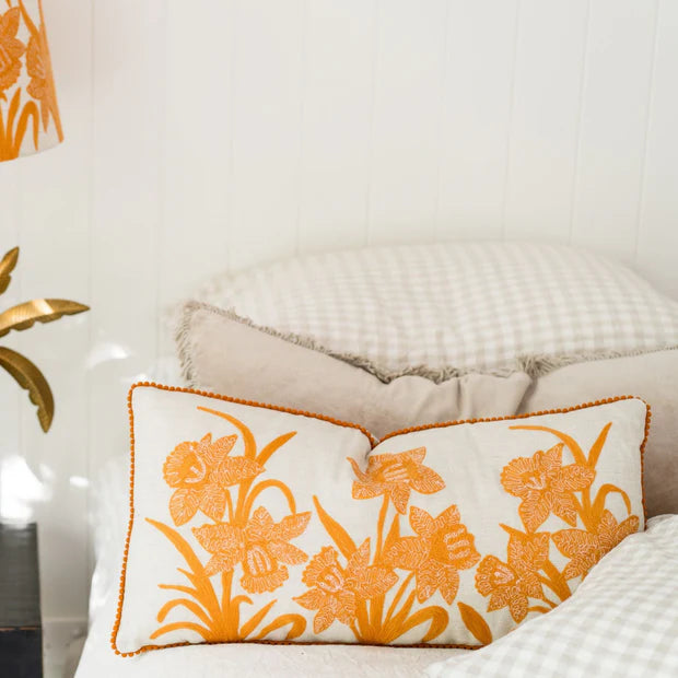 Orange Narcissus on Linen Embroidered Cushion
