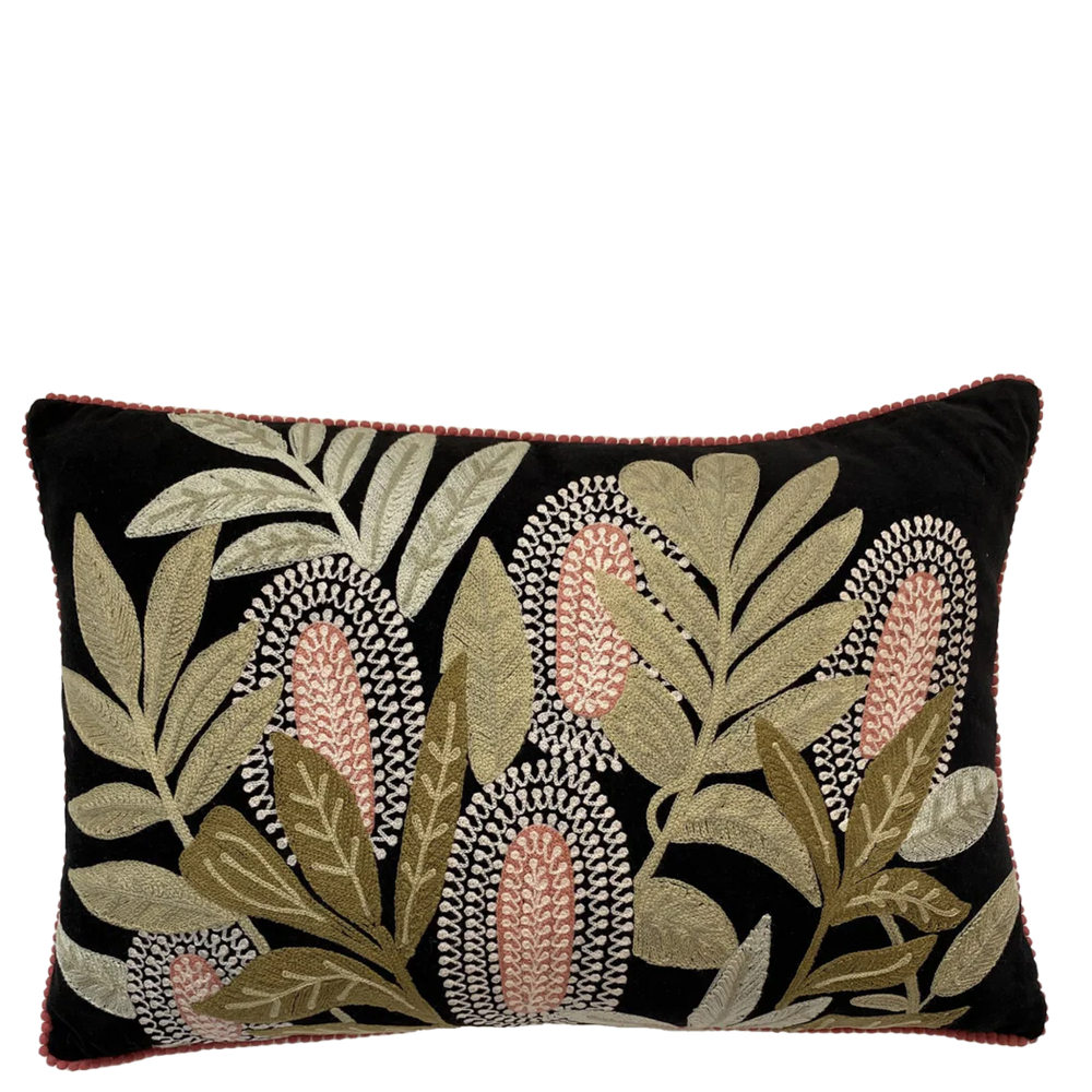 Banksia on Black Velvet Embroidered Cushion