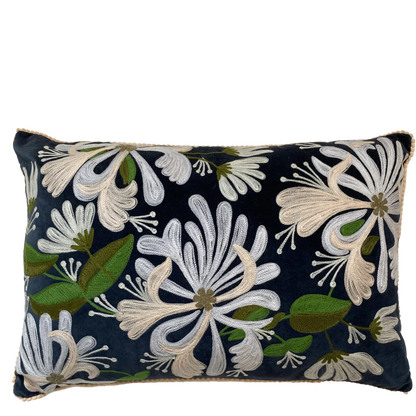 Honeysuckle on Navy Velvet Embroidered Cushion Copy