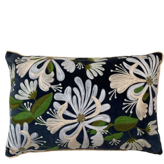 Honeysuckle on Navy Velvet Embroidered Cushion Copy