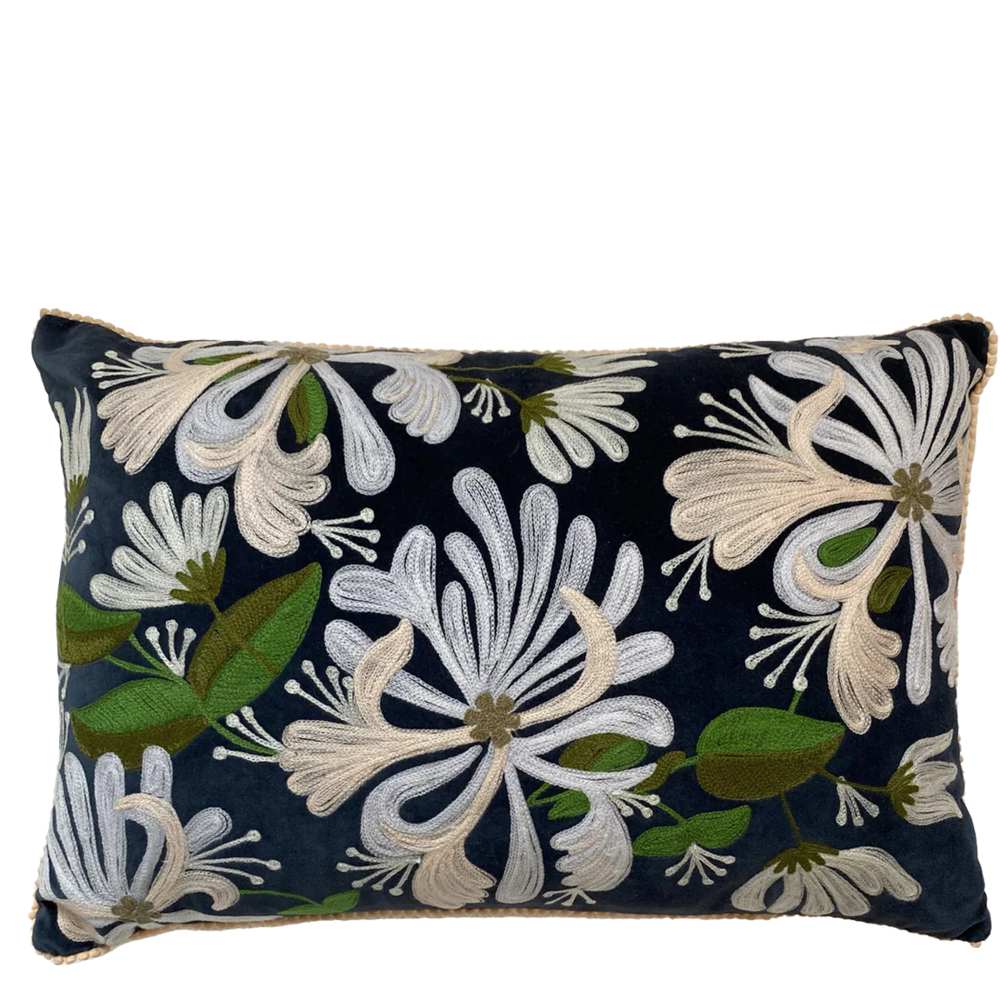 Honeysuckle on Navy Velvet Embroidered Cushion