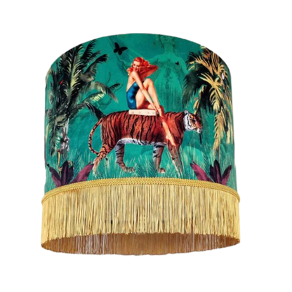 Jungle Walk in Green Velvet Fringed Lampshade