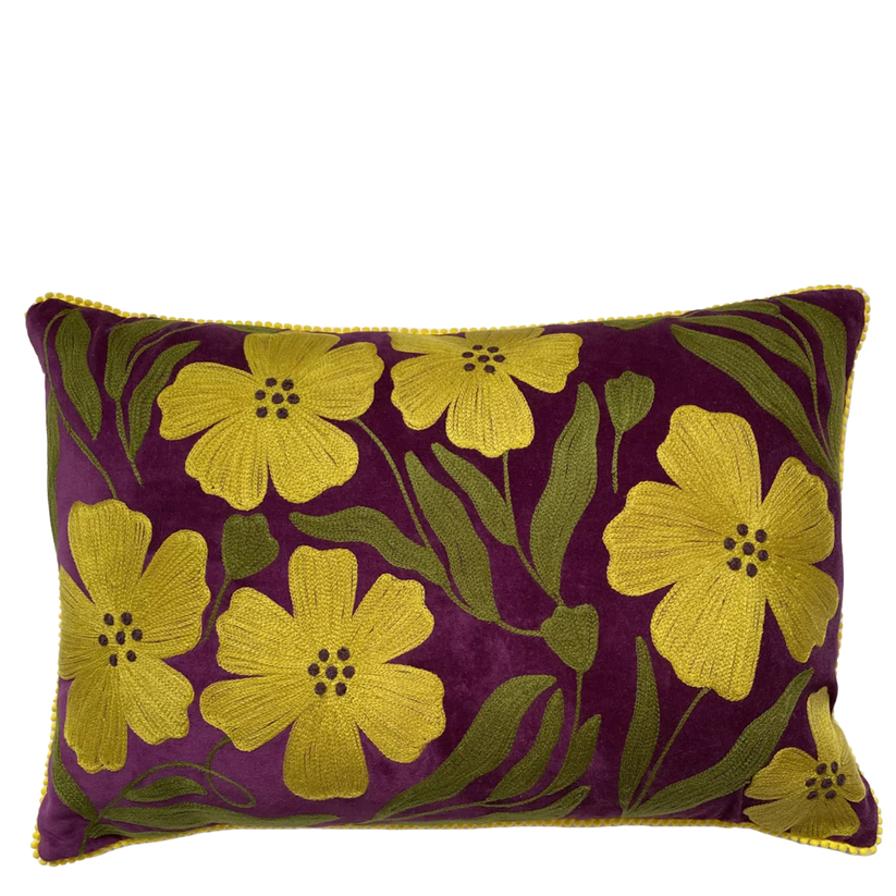 Purple Poppy Velvet Embroidered Cushion