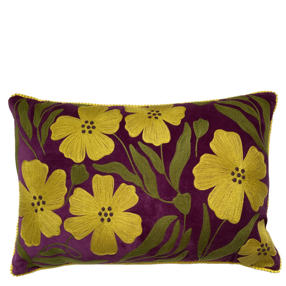 Purple Poppy Velvet Embroidered Cushion