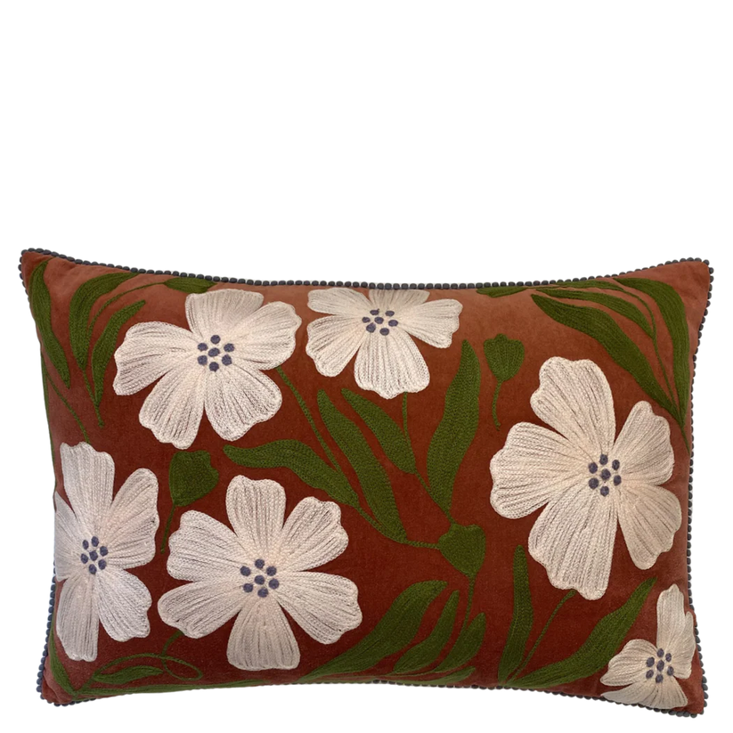 Rust Poppy Velvet Embroidered Cushion