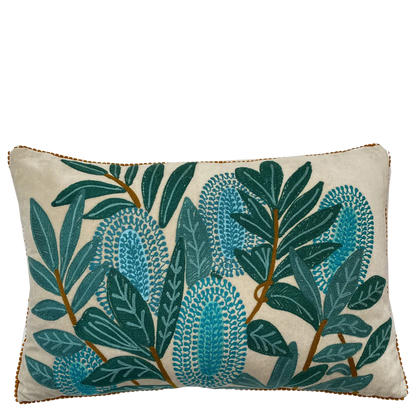 Aqua Banksia on Velvet Embroidered Cushion