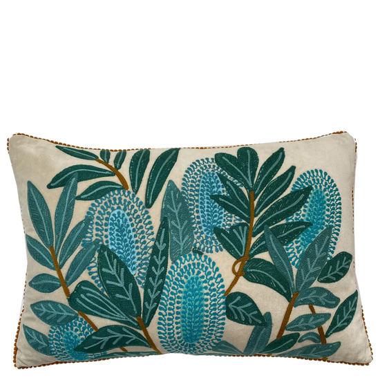 Aqua Banksia on Velvet Embroidered Cushion