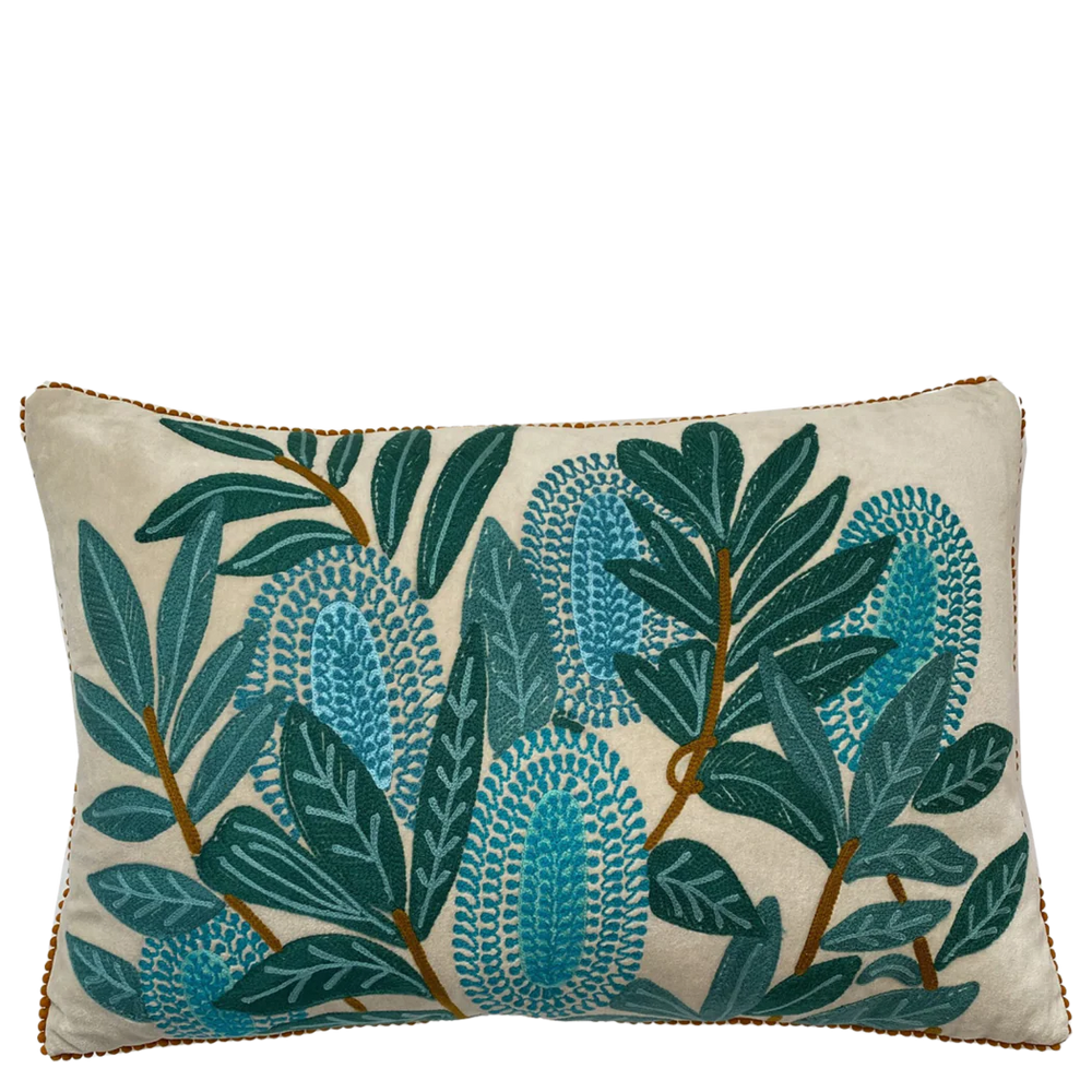 Aqua Banksia on Velvet Embroidered Cushion