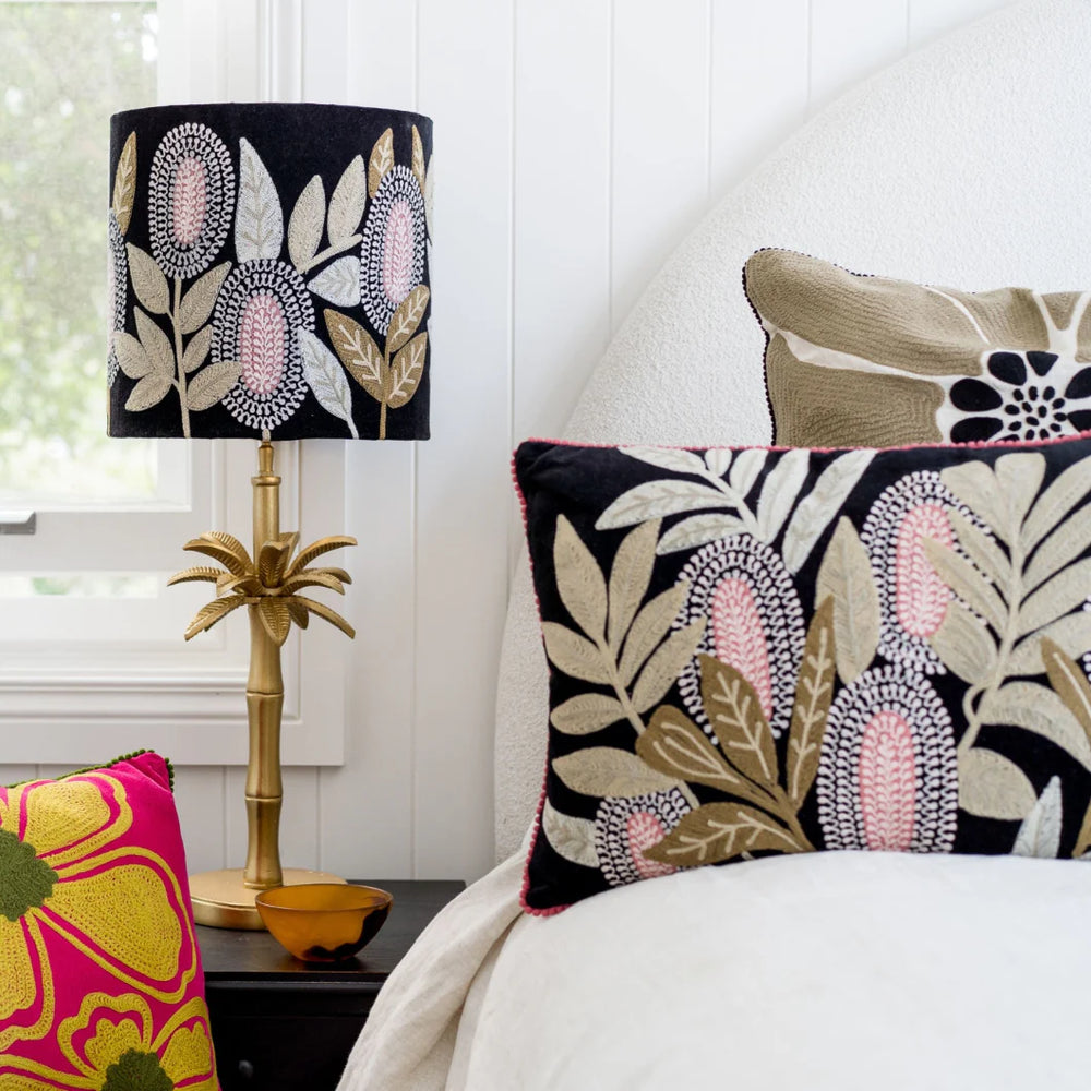 Banksia on Black Velvet Embroidered Cushion