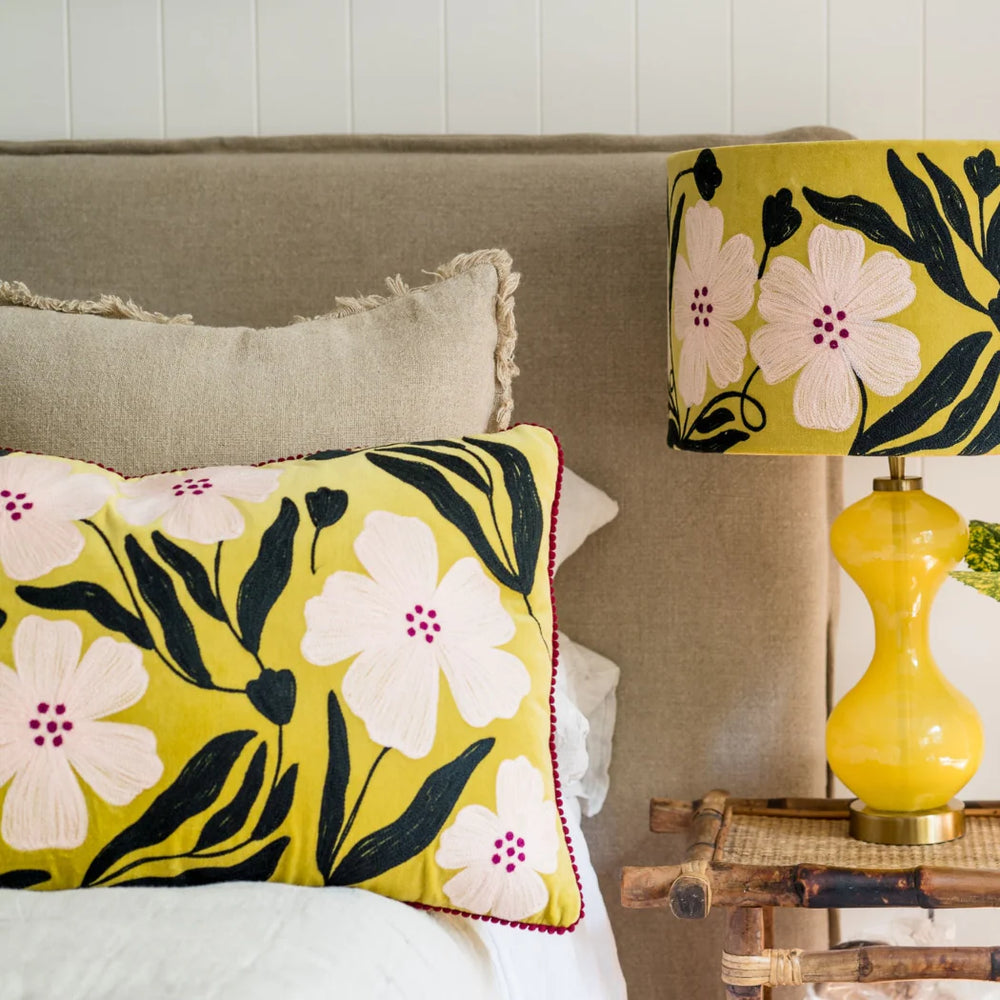 Lime Poppy Velvet Embroidered Cushion