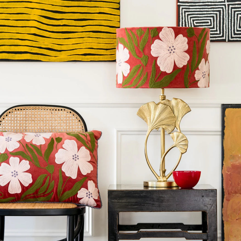 Rust Poppy Velvet Embroidered Cushion