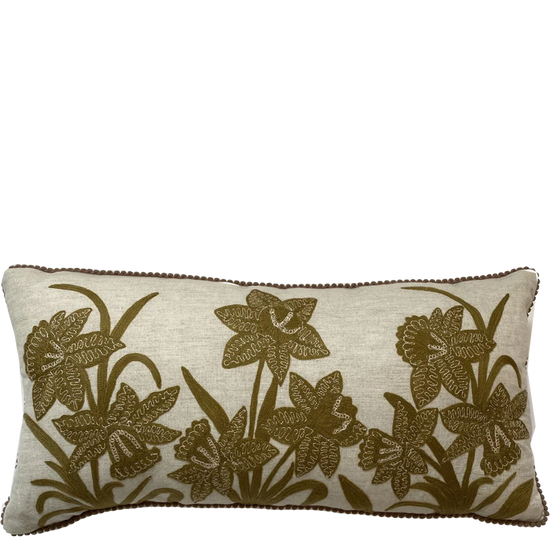 Tobacco Narcissus on Linen Embroidered Cushion
