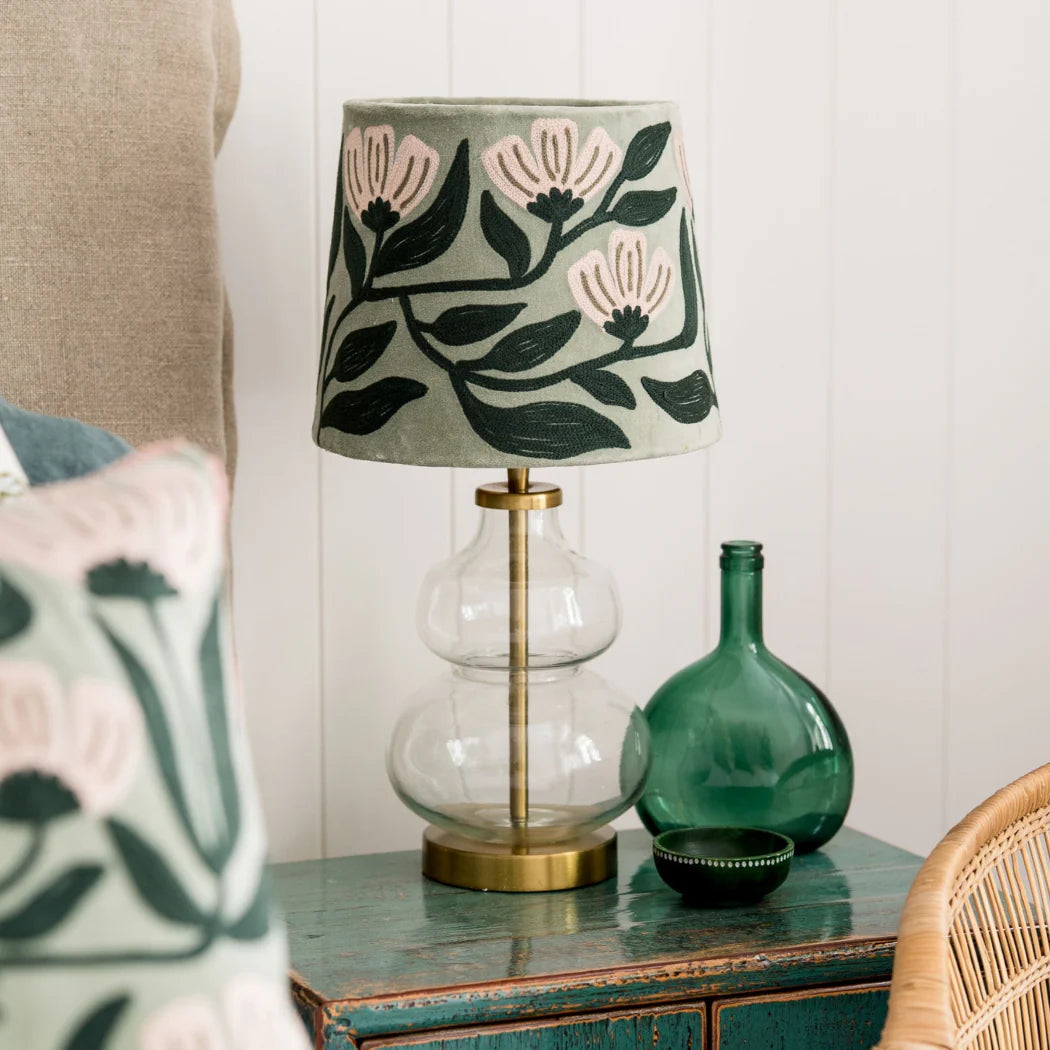 Art Deco Embroidery on sage velvet tapered lampshade