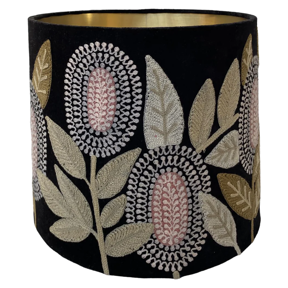 Banksia on Black Velvet Lampshade – Pink Flamingo Interiors Pty Ltd