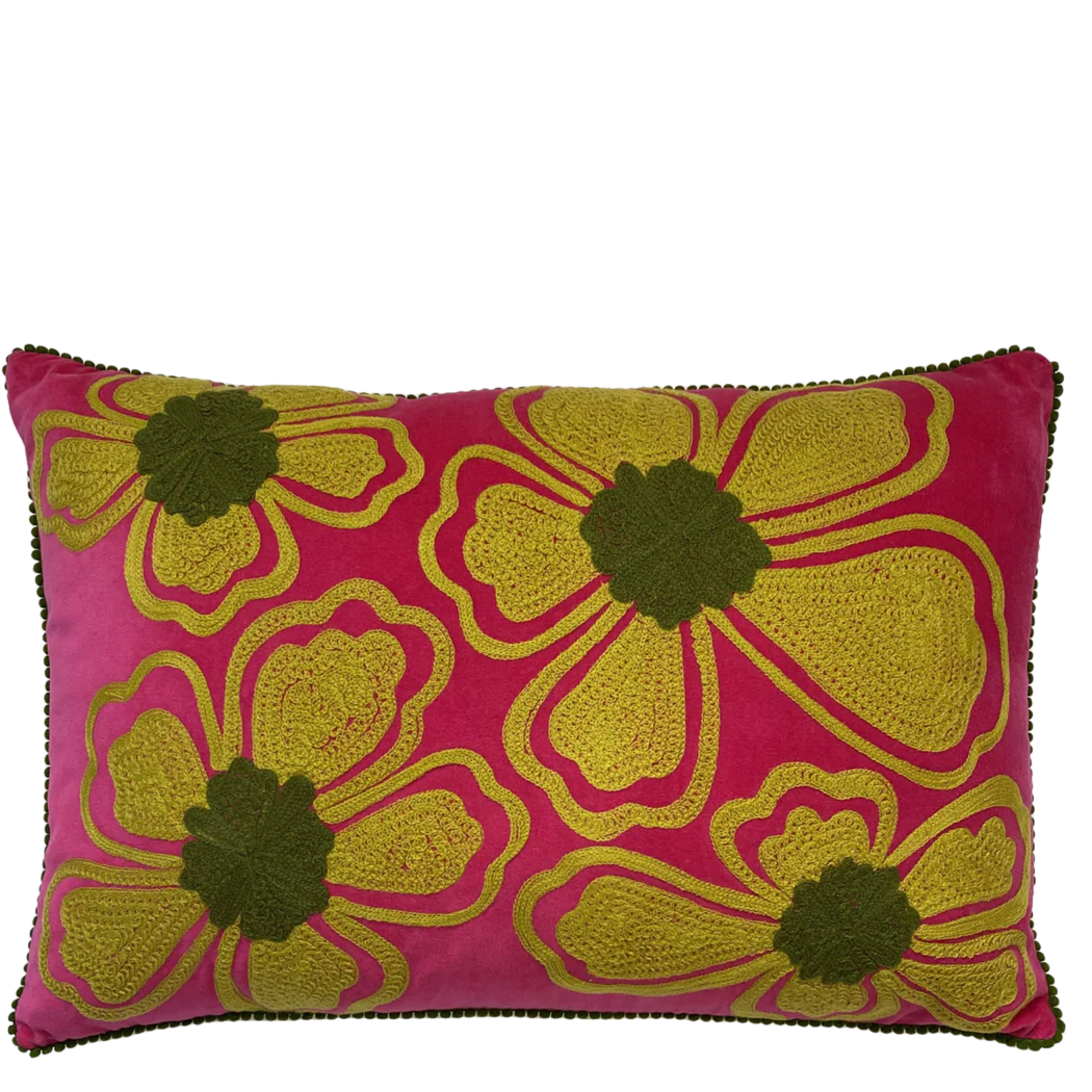 Fushia Hydrangea Embroidered Cushion