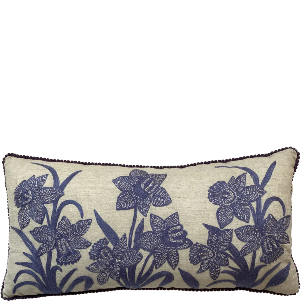 Lavendar Narcissus on Linen Embroidered Cushion