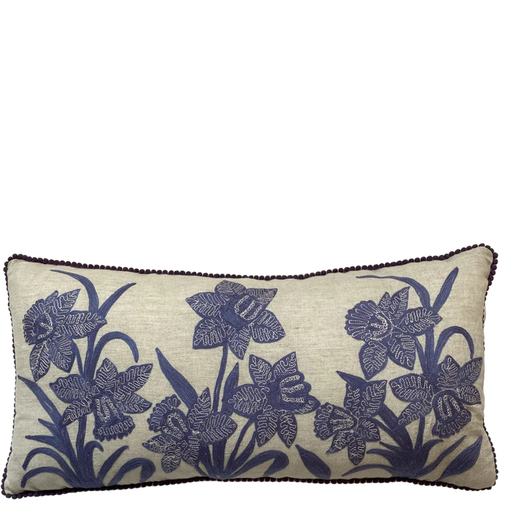 Lavendar Narcissus on Linen Embroidered Cushion