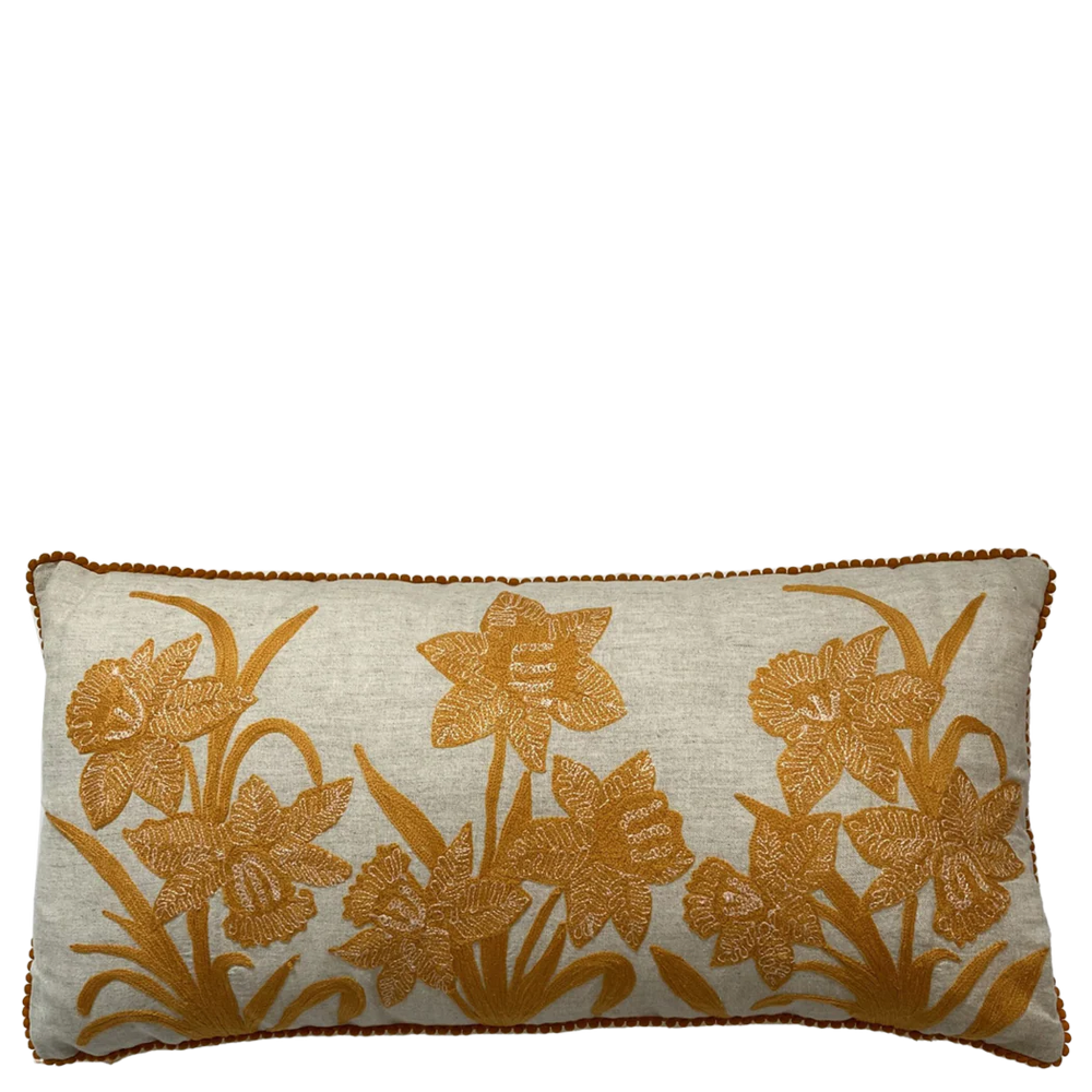 Orange Narcissus on Linen Embroidered Cushion