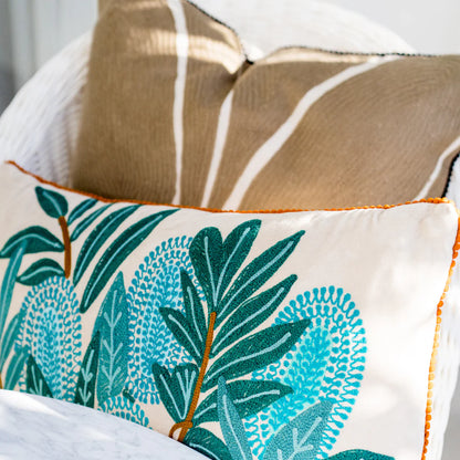 Aqua Banksia on Velvet Embroidered Cushion