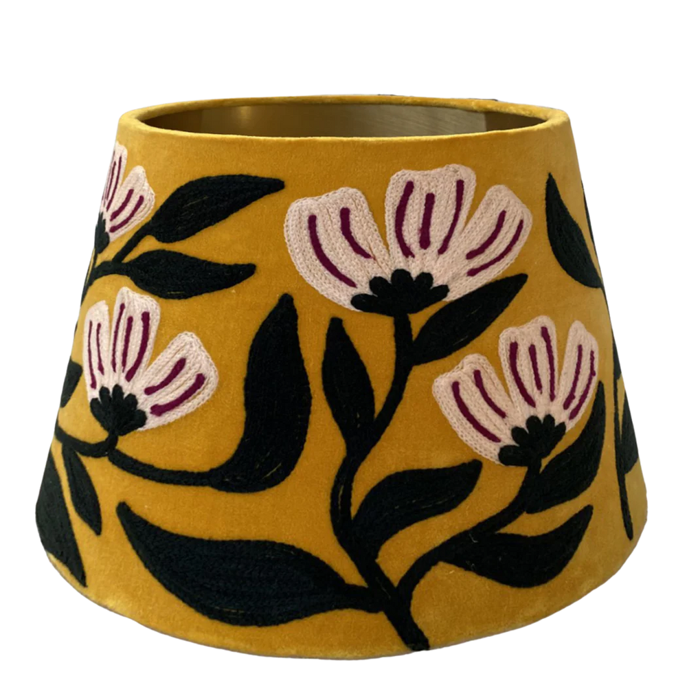 Art Deco Embroidery on yellow velvet tapered lampshade