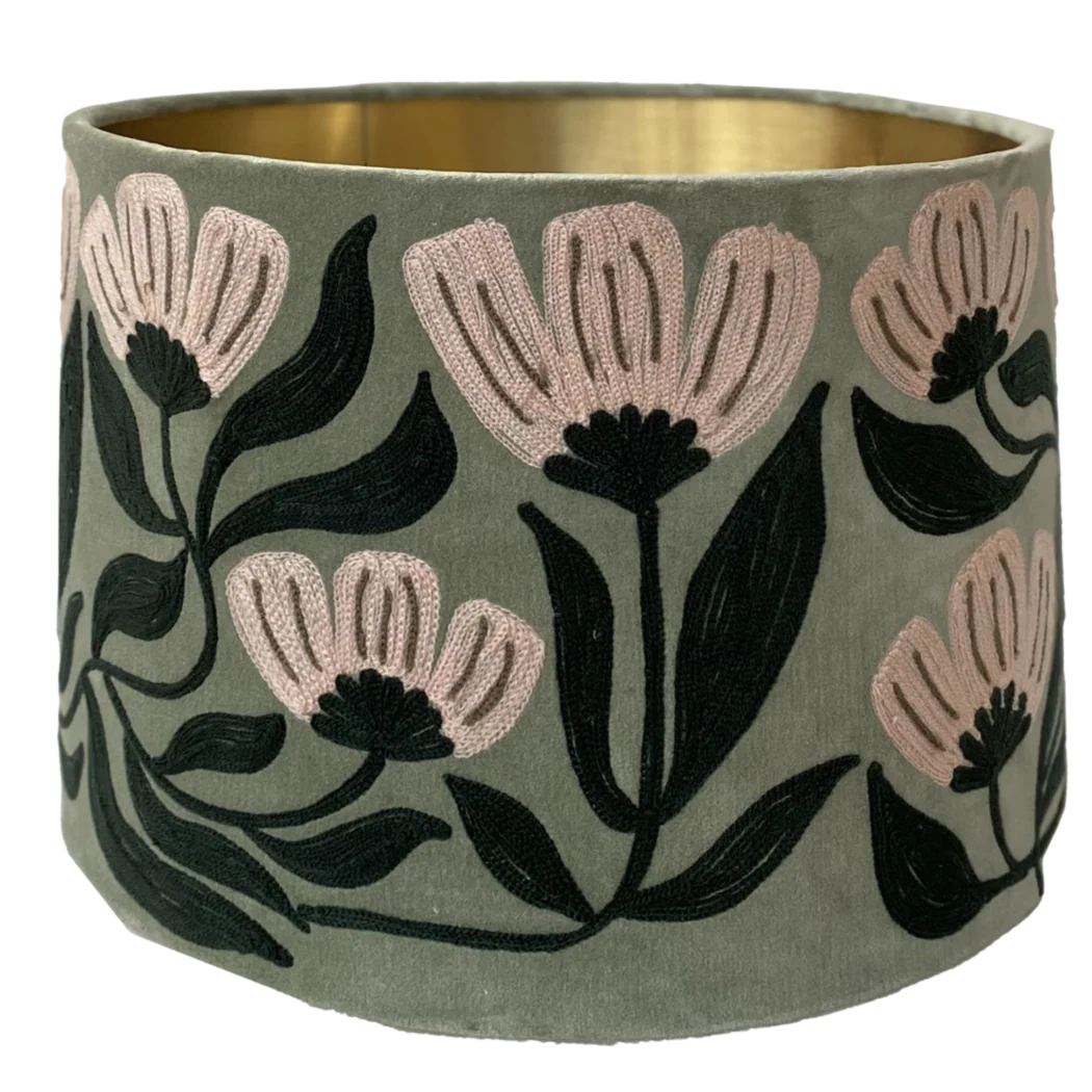 Art Deco Embroidery on sage velvet lampshade