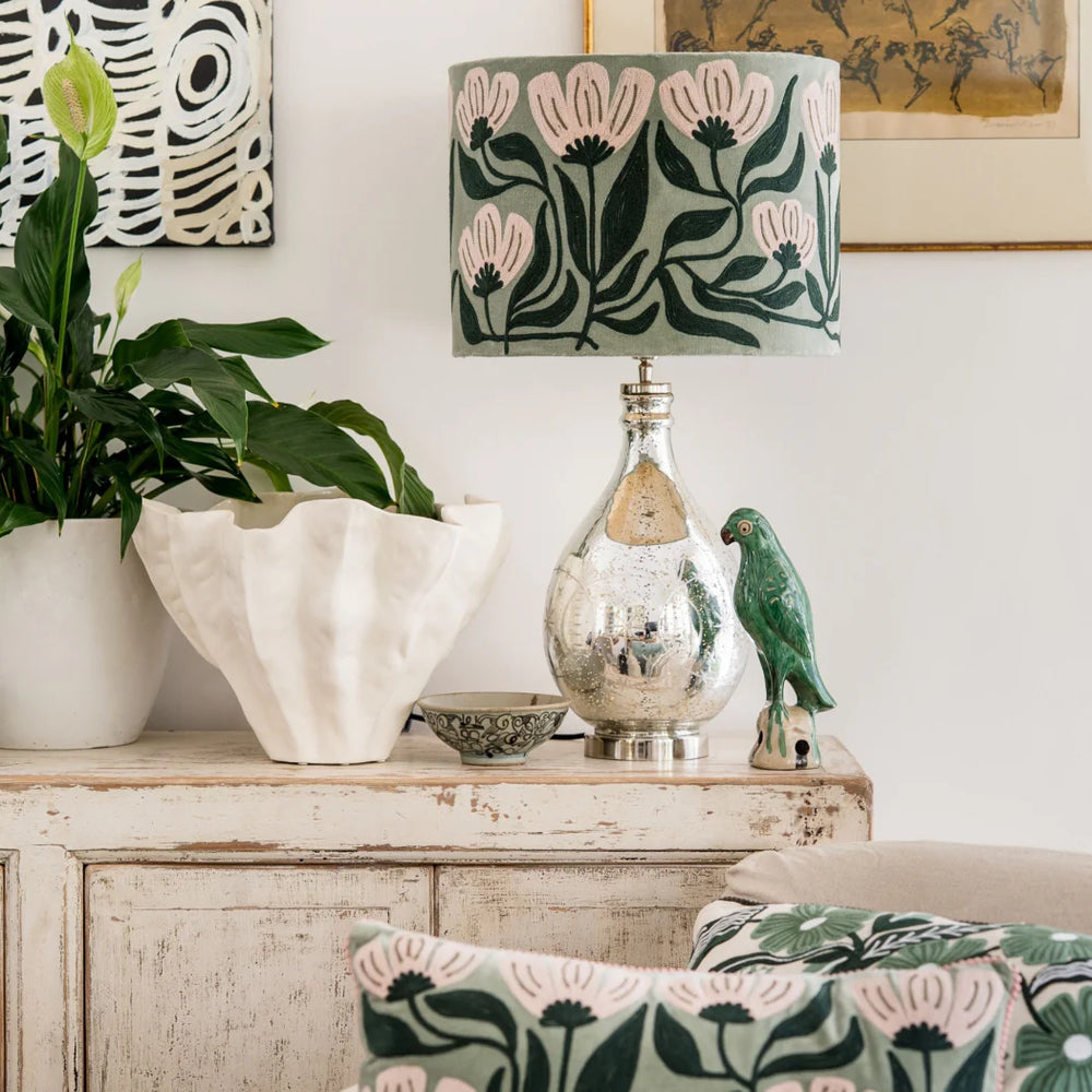 Art Deco Embroidery on sage velvet lampshade