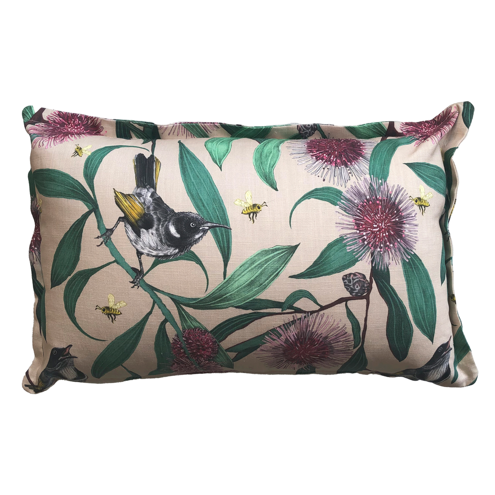 Bees In The Hakea Lumbar Cushion Cover PRE ORDER Pink Flamingo bees-in-the-hakea-lumbar-cushion-cover-pre-order-pink-flamingo