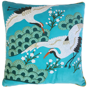 Crane Velvet Embroidered Cushion in Aqua