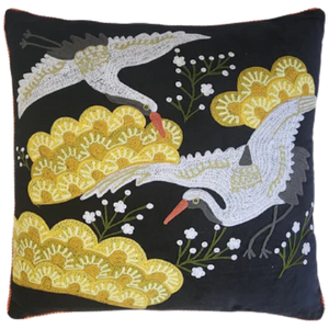 Crane Velvet Embroidered Cushion in Black