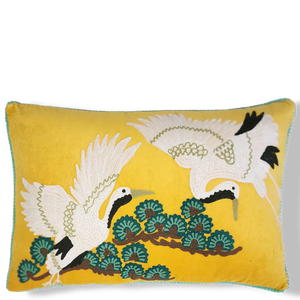 Crane Velvet Embroidered Lumbar Cushion in Yellow