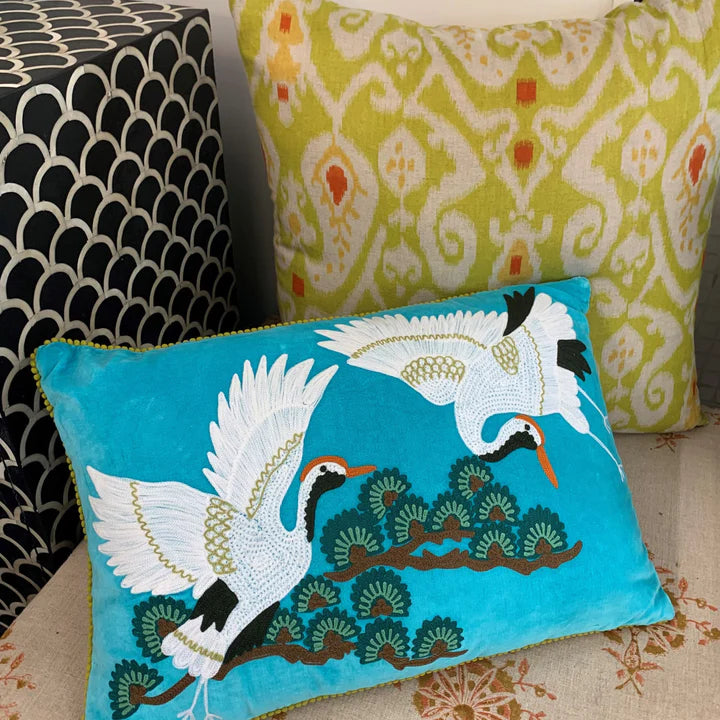 Crane Velvet Embroidered Lumbar Cushion in Aqua