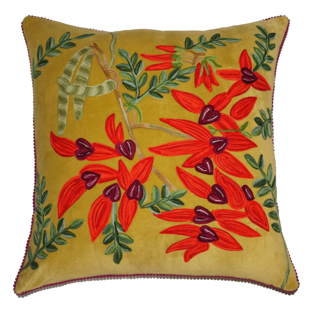 Sturt Pea Embroidered Velvet cushion