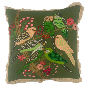 Summer Birds on Green Fringed Cushion